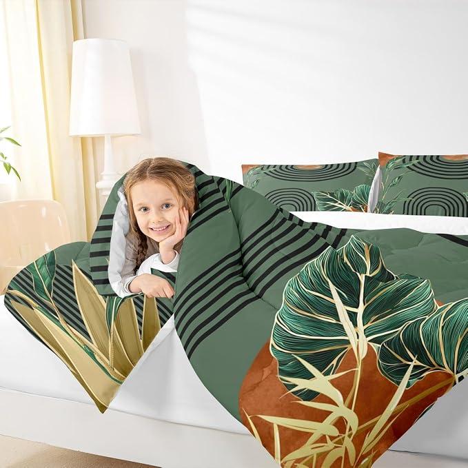 Erosebridal Mid Century Green Queen Comforter Set Boho Minimalist Aesthetic Bedding Set for Kids Boys Girls Modern Plant Botanical Palm Leaf Comforter Abstract Retro Geometric Neutral Quilt Duvet