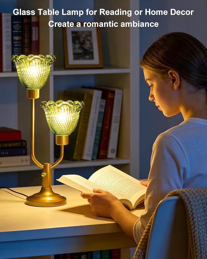 Lightdot Vintage Green Glass Table Lamp for Living Room Dimmable Mid Century Modern Desk Lamp Gold Flower Nightstand Lamp 2 Bulbs Included Warmwhite Ambient Bedside Lamps for Bedroom Home Office Decor