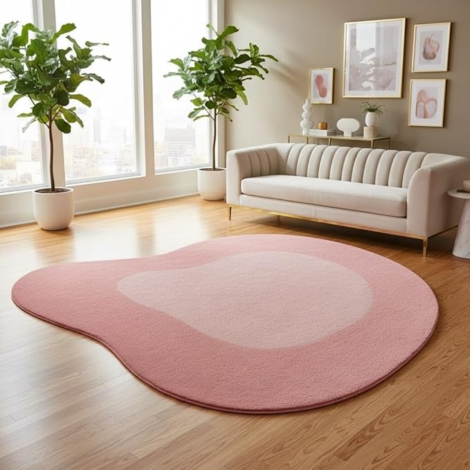 Cute Pink Irregular Rug 5ft Contemporary Aesthetic Abstract Shaped Rugs for Diningroom Living Room Bedroom Minimalist Modern Art Deco Nursery Playroom Dorm Non Slip Washable Low Pile Shaggy Carpet