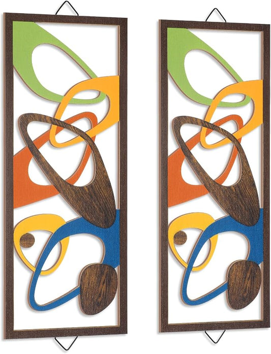 CroBlissful 2 Pcs Mid Century Wall Art Mid Century Modern Decor Elegance Wall Accents Wood Abstract Decor Geometric Panels for Interior Panel Wood Art for Home Living Room