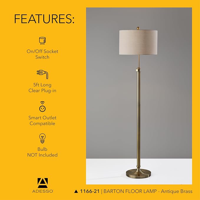 Adesso Antique Brass Floor Lamp with Oatmeal Linen Shade – Adjustable Height Accent Light for Bedroom, Living Room, or Home Office, up to 65.5” Tall
