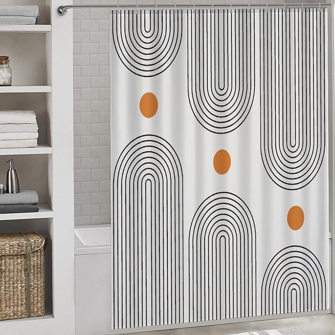 Mid Century Boho Shower Curtain for Bathroom, Retro Modern Minimalist Simple Sun Abstract Geometric Pattern 1950s 1960s Waterproof Fabric Shower Curtain Set with Hooks, 72"x78"