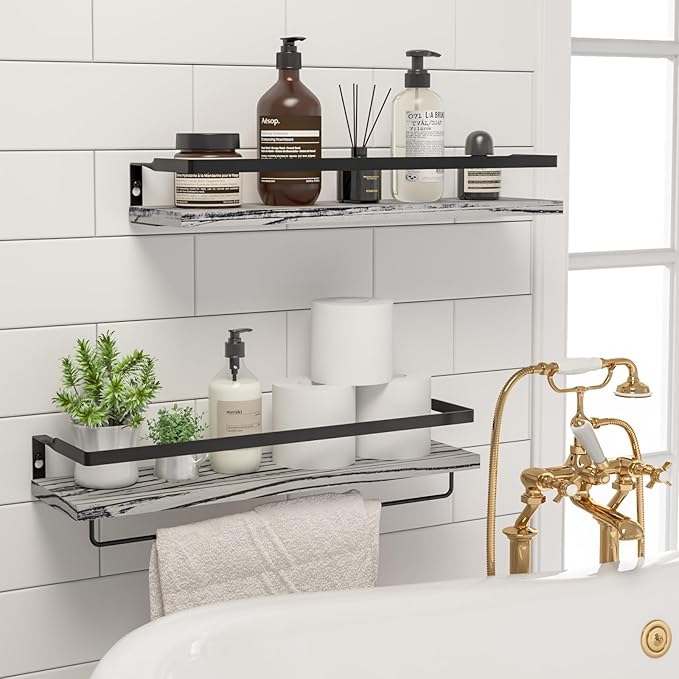 Floating Shelves for Wall, Bathroom Shelves with Towel Bar, Wall Mounted Storage Shelves for Kitchen, Bathroom, Set of 2 Grey