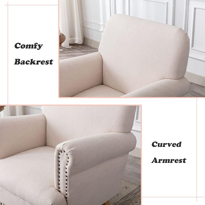 Linen Accent Chairs Set of 2 Mid-Century Modern Living Room Armchair with Nailhead Trim & Wood Legs Comfy Upholstered Single Sofa Chair for Lounge/Bedroom/Reception, Cream