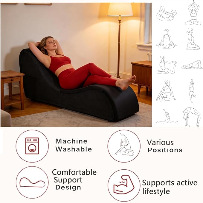 Black Ergonomic Curved Chaise Lounge Chair for Relaxing, Sofa Bench with Heavy-Duty Metal Frame & Removable Velvet Cover