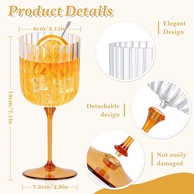 12 PCS Plastic Ribbed Wine Glasses 11oz Clear and Amber Detachable Wine Goblet Unbreakable Vintage Ripple Water Goblets Cocktail Drinking Cups for Parties Weddings Poolside Outdoors