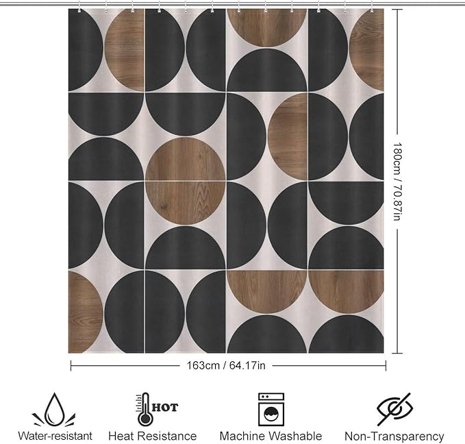 Mid Century Circle Patterned Shower Curtains Modern Black Brown Wood Board Texture Washable Waterproof Fabric for Bathroom Decor Bathtub with 12 Hooks 66x72in（168x183cm）