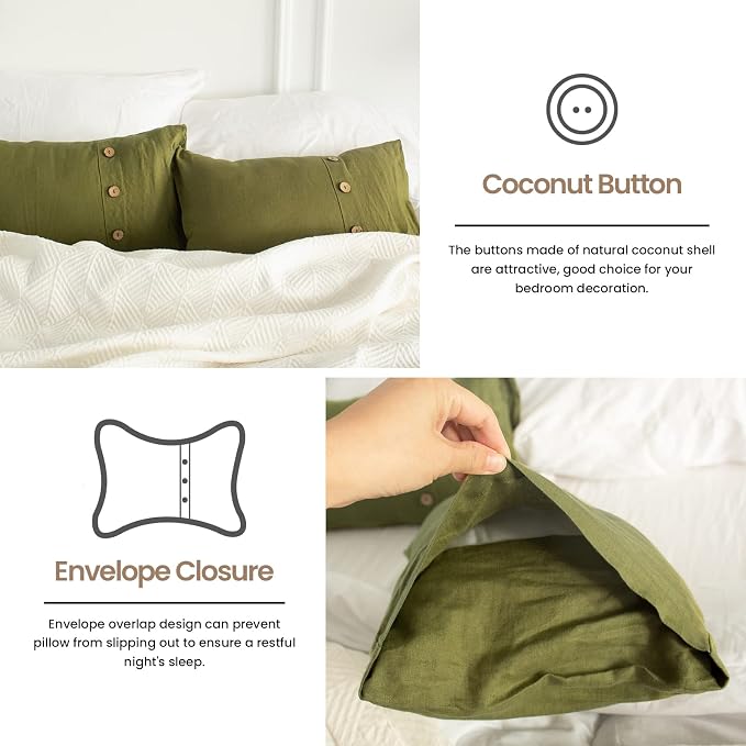 Simple&Opulence 100% Linen Lumbar Pillow Cover 12 x 20 Inch Set of 2 Rectangular Decorative Pillow Cover with Vintage Triple Coconut Button for Couch Sofa Bed Living Room Office Décor - Olive Green