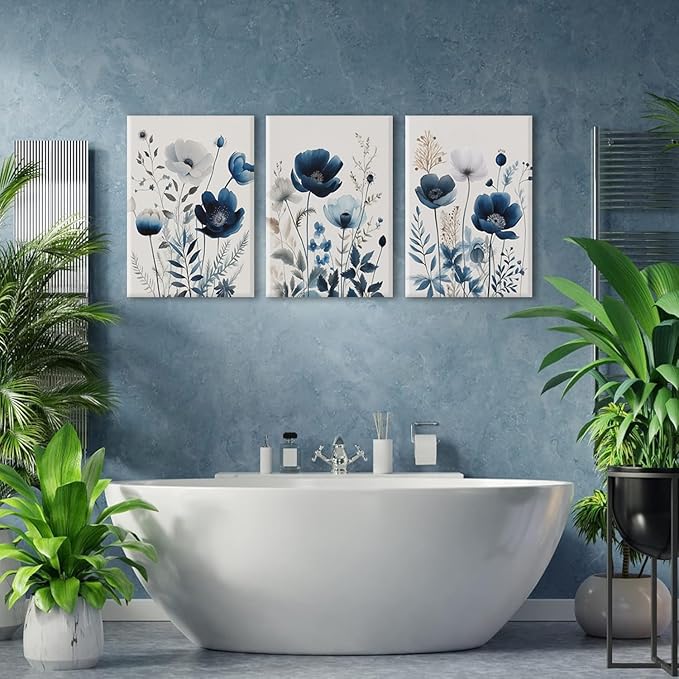 BingruiArt Navy Blue Canvas Wall Art Blue and Gray Boho Flower Wall Decor Floral Watercolor Art Prints Pictures Painting for Living Room Bedroom Bathroom 3Pcs 16x24in Framed