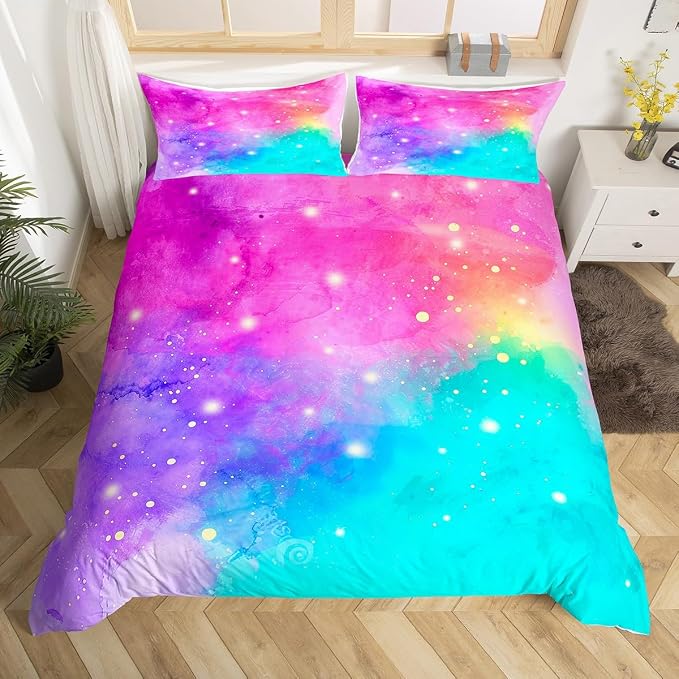 Erosebridal Rainbow Galaxy Bed Set Pink Purple Blue Teal Duvet Cover, Psychedelic Stars Bedding Set Twin Colorful Tie Dye Comforter Cover, Grunge Ombre Gradient Bed Cover Girly Room Decor 2pcs