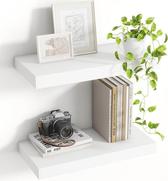 16 Inch Floating Shelves, 8 Inch Deep Floating Shelves for Wall, Hanging Shelf with Invisible Brackets, Deep Shelves for Bathroom, Bedroom, Living Room, White, Set of 2
