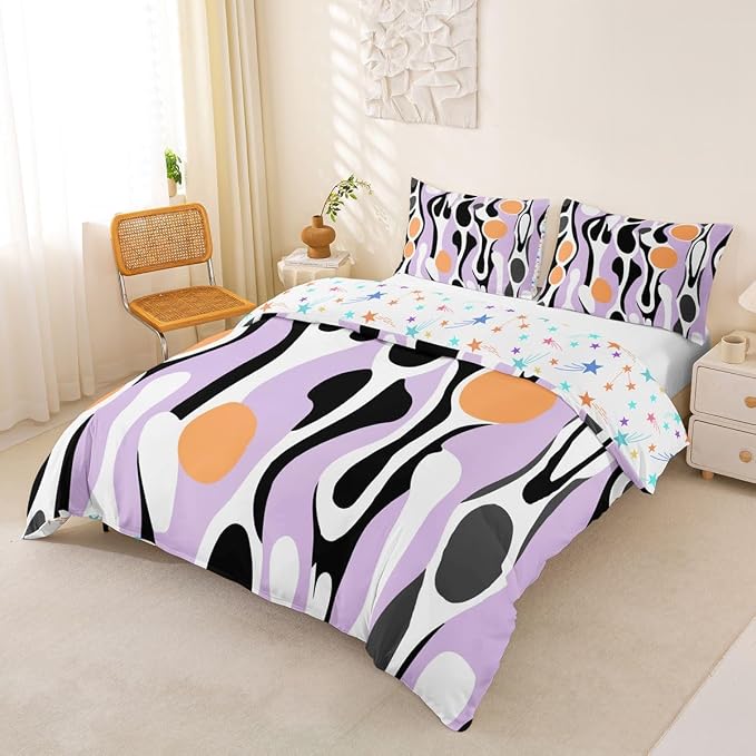 Mid Century Modern Abstract Duvet Cover Set Vintage Geometric Girl Toddler Bedding Set for Preteen Boys Girls Contemporary Organic Shapes Comforter Cover Squiggle Blob Bed Sets,Lavender Peach