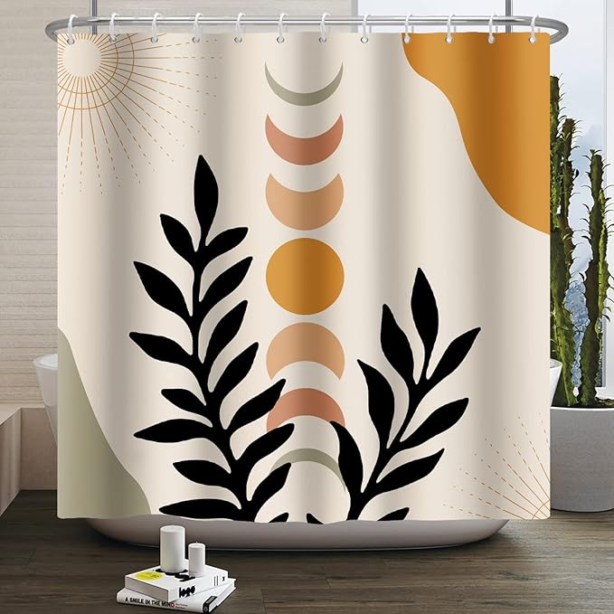 Baocicco Mid Century Shower Curtain Sun and Moon Boho Botanical Abstract Shower Curtains Decorative for Bathroom Bathtubs Waterproof Fabric Shower Curtain with Hooks 72x72 Inches