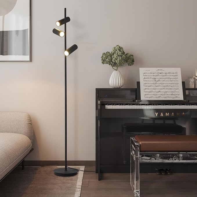 KCO Lighting Matte Black Tree Floor Lamp with 3 Adjustable Rotating Lights Mid Century Modern Bright Floor Lamps Tall Reading Lamps Floor Standing Industrial Vintage Standing Lamp