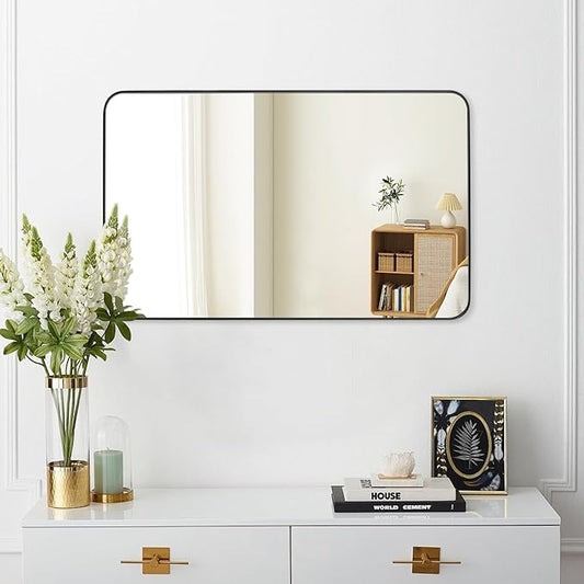 Black Bathroom Mirror 30X48 Inch Rounded Rectangle Wall Mirror Stainless Steel Metal Frame Vanity Mirror Anti-Rust for Entryway, Bathroom, Vanity, Living Room Hangs Vertically or Horizontally