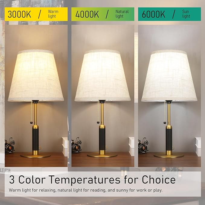 18.9" Modern Mid Century Table Lamp Pull Chain Bedside Lamps for Nightstand Lamp for Bedroom Living Room 3-Color Light Solid Wood/Metal/Fabric for Home Office Dorm Decor (Light Brown+Brass)