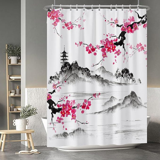 Baocicco Plum Blossom Shower Curtain Pink Cherry Blossom Floral Misty Mountains Shower Curtains Decorative for Bathroom Waterproof Fabric Shower Curtain with Hooks 72x96 Inches