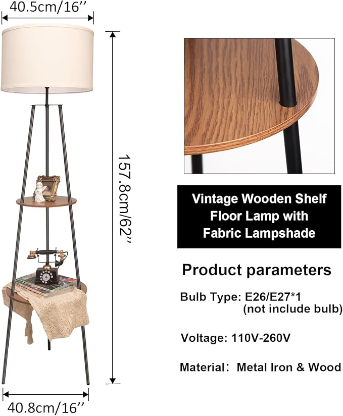 Tripod Floor Lamps for Living Room, Mid Century Floor Lamp with Shelf, 62" Standing Lamp Modern Floor Lamp with Beige Linen Texture Shade for Living Room, Bedroom, Office