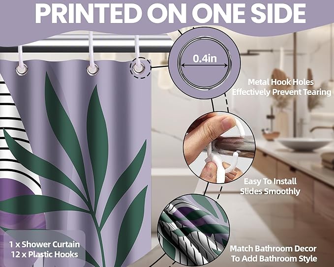 Boho Purple Shower Curtain Light Purple and Green Mid Century Modern Shower Curtains for Bathroom Decor Sets, Waterproof Fabric with Hooks, 70" W x 72" L