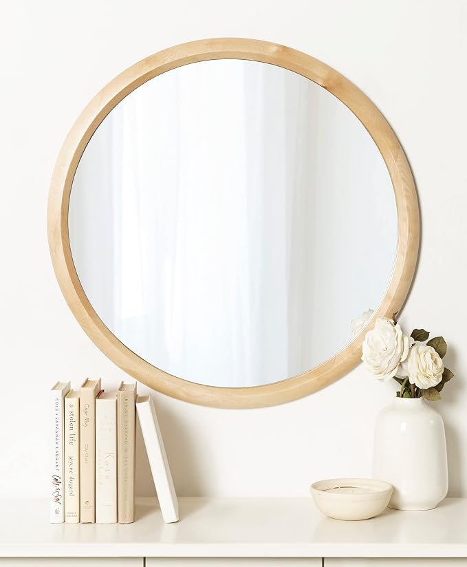 Kate and Laurel Pao Modern Round Wood Wall Mirror; 28; Natural Wood; Decorative Scandinavian Circle Mirror for Robust Wall Decor