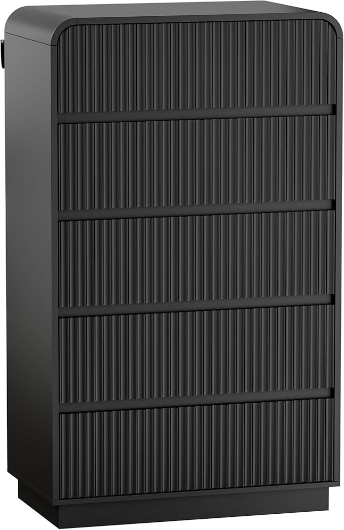 Black Dresser Fluted Tall 5 Drawer Dresser for Bedroom, Wood Chest of Drawers with Hidden Handles & Rounded Corners, Modern Storage Cabinet and Organizer Drawers for Living Room, Hallway