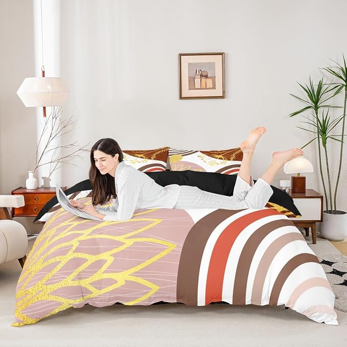 Erosebridal Mid Century Modern Twin Comforter Cover for Kids Teens Adults - Pink Brown Abstract Duvet Cover Boho Minimalist Aesthetic Bed Set Chic Modern Geometric Bohemian Floral Bedding Set