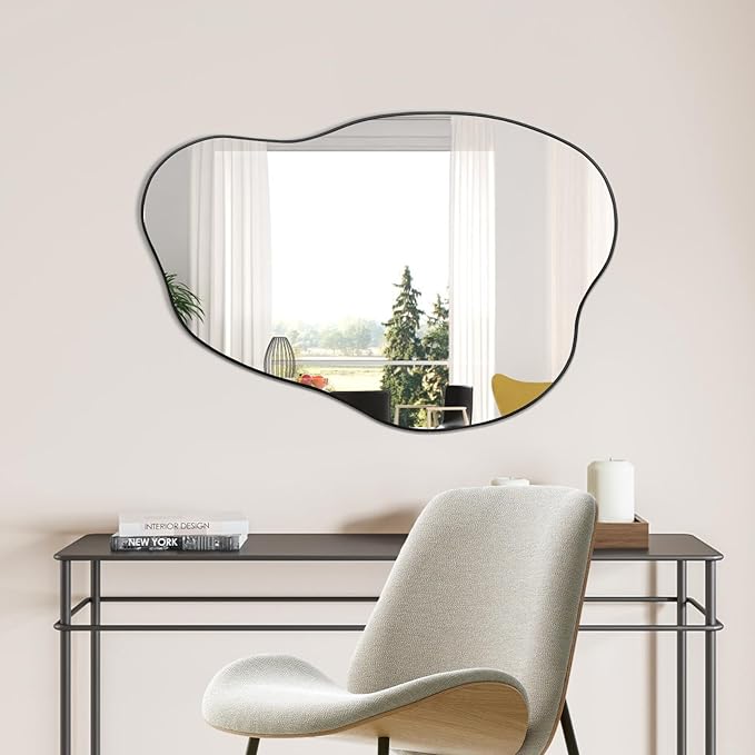 POZINO Asymmetrical Mirror, Black Irregular Mirrors, Cloud Shaped Mirrors, Unique Modern Frameless Mirror for Living Room Bathroom Bedroom Entryway Fireplace,30"x20.5"