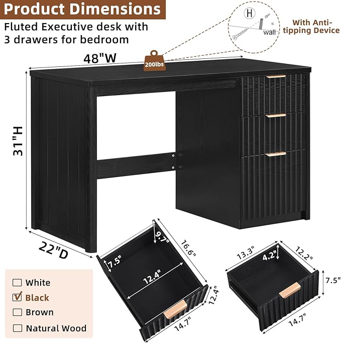 48" Modern Fluted Executive Desk with Storage Cabinet, Large Wood Home Office Desk with Golden Handles & File Drawer, Black Computer Writing Table for Office,Study, Living Room, Bedroom
