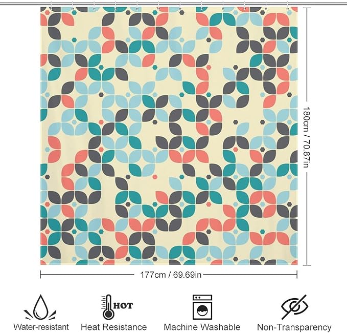 Mid Century Shower Curtain,Retro Abstract Modern Geometric Decor Bathroom Curtain Polyester Waterproof Fabric 72x72in（183x183cm）