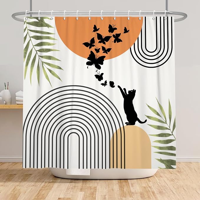 Mid Century Cat Shower Curtain Abstract Boho Geometric Minimalist Black Cat Butterflies Green Leaf Aesthetic Shower Curtain for Bathroom Decoration Accessories with Hooks 48x72 inch