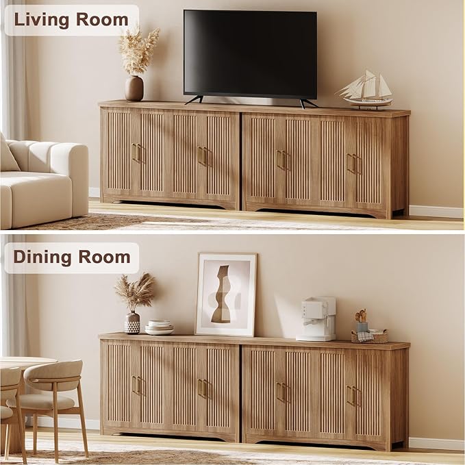 Memobarco Fluted Buffet Cabinet with Storage Accent Sideboard,Modern Credenza with 4 Doors & Adjustable Shelves,Wood Coffee Bar Table Console for Dining Room Kitchen Living Room Entryway,Natural Oak