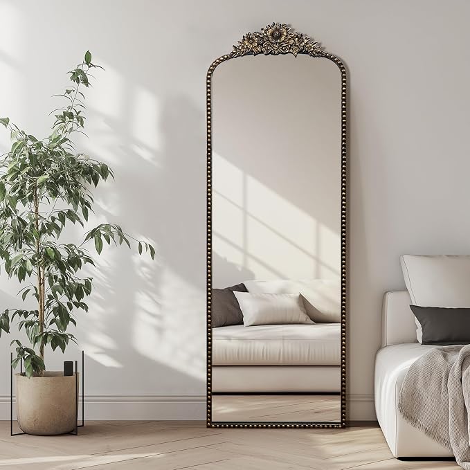 Full-Length Baroque Style Vintage Mirror, 65"L x 22"W, Wall-Mounted, Antique Black Iron Frame, Thick 4MM Glass, Explosion-Proof, Living Room, Bedroom, Entryway