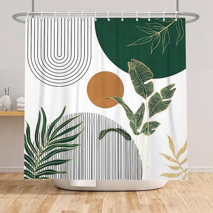 Mid Century Boho Modern Shower Curtain for Bathroom Abstract Sun Arch Geometric Leaves Minimalist Shower Curtain Set Waterproof Polyester Fabric 69x70 Inches
