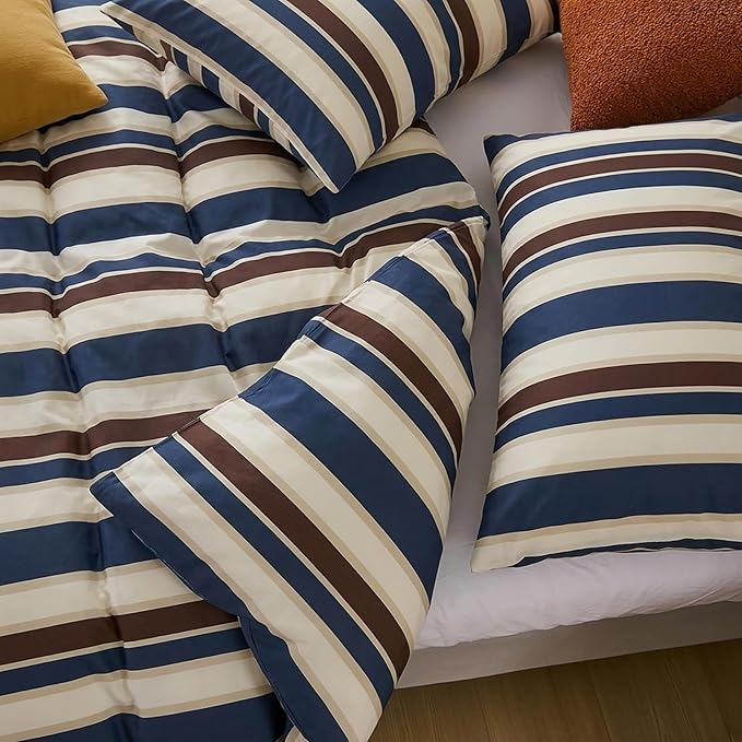Merryword 100% Cotton Duvet Cover Set Queen Size - Vintage Blue Cabana Striped Bedding Set with Zipper & Corner Ties, 3-Piece Luxury & Silky Soft Bedding Set for All Seasons