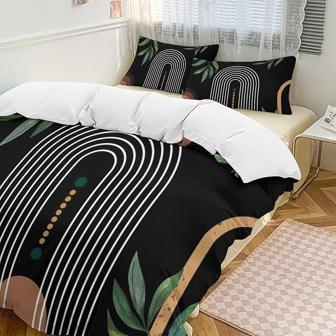 Mid Century Moon Phase Duvet Cover Sets Boho Modern Palm Leaves Arch Minimalist Printed Lightweight Soft Quilt Cover Soft Microfiber 3 Piece (1 Duvet Cover 90x102in + 2 Pillow Sham 20x30in)