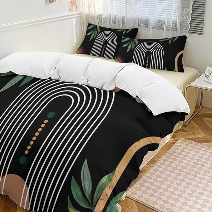 Mid Century Moon Phase Duvet Cover Sets Boho Modern Palm Leaves Arch Minimalist Printed Lightweight Soft Quilt Cover Soft Microfiber 3 Piece (1 Duvet Cover 68x86in + 2 Pillow Sham 20x30in)