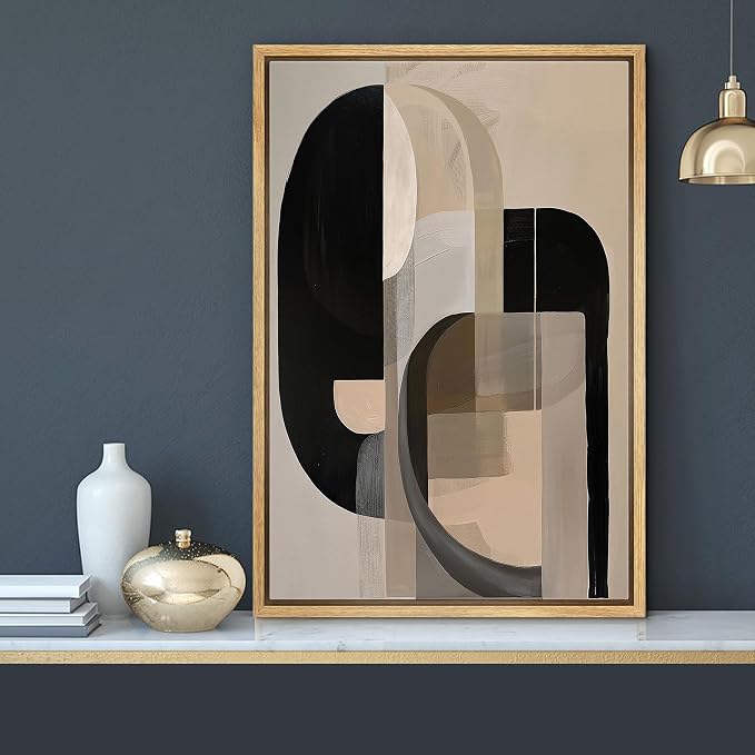 MUDECOR Framed Canvas Print Wall Art Black & Beige Geometric Abstract Illustrations Mid-Century Modern Multicolor for Living Room, Bedroom, Office - 24"x36" NATURAL
