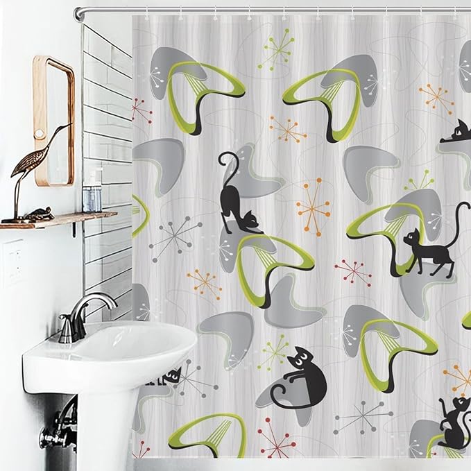 Mid Century Shower Curtain for Bathroom, Retro Geometric Modern Black Cat Abstract Atomic Pattern Lovely Kittey Rustic 1950s 1960s Grey Waterproof Fabric Shower Curtain Set with Hooks,72"x78" Inch