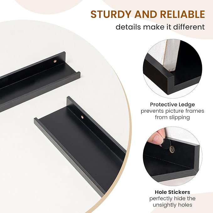 Axeman Picture Ledge Shelf, Floating Shelves for Decor Storage Set of 6, 16 inch Floating Wall Mounted Shelves, Wall Shelves with Lip for Living Room, Bedroom, Nursery, Bathroom, Kitchen, Black