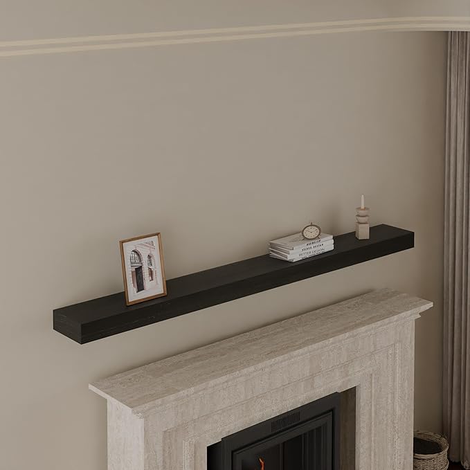 IEO Long Wooden Floating Shelves for Room Wall, Natural Wood Floating Shelves Wall Mounted Kitchen Shelf for Living Room, Bedroom, Kitchen,Bathroom, Storage (Black, 48in 1tier)