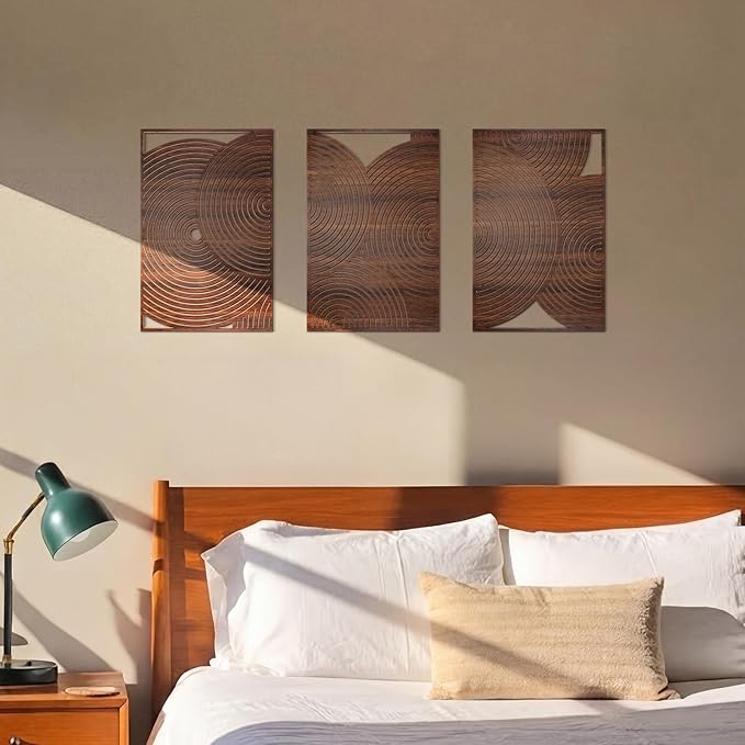 Yerliker 3 Pcs Mid Century Modern Wood Wall Art Decorations 3D Geometric Abstract Wall Sculpture for Living Room Bedroom Office Minimalist Aesthetic(Retro,15.75 x 15.75 x 1.97 Inch)