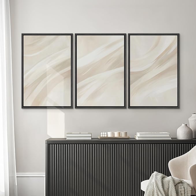 SIGNWIN Framed Canvas Print Wall Art Set Abstract Beige Flow Neutral Brushstroke Illustrations Modern Art Decorative Boho Relax/Zen Nordic for Living Room, Bedroom, Office - 24"x36"x3 Black
