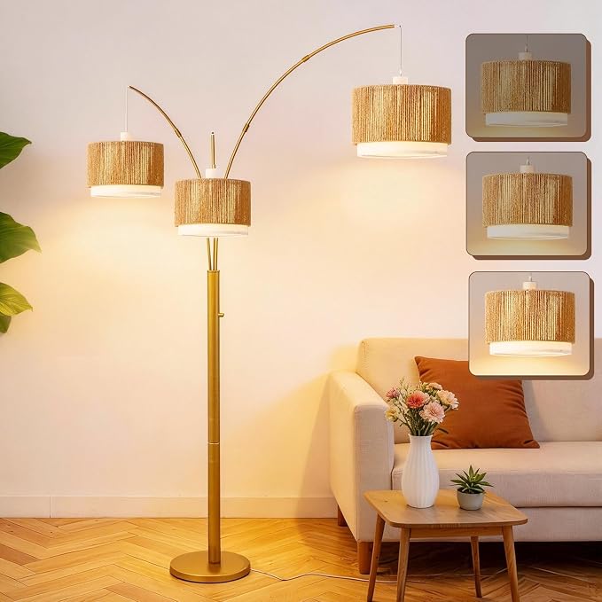 Gold Arc Floor Lamp for Living Room, Mid Century Floor Lamp with Stepless Dimmable Switch, Boho Standing Lamp with Wicker&Fabric Shade, Rattan Tall Lamp for Bedroom Over Couch Reading