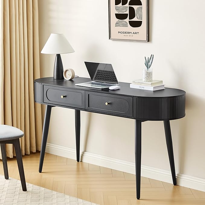 Practical 59" Wood Writing Desk, Home Office Laptop Desk with 2 Flip Hide Storage + 2 Drawer, MCM Elegant Fluted Multifunctional Study Desk for Apartment Bedroom (Black)