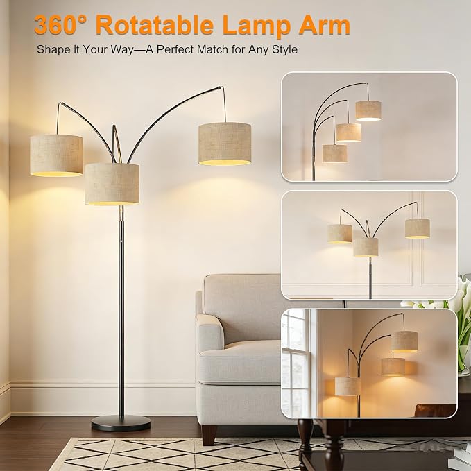 80 Inch Arc Floor Lamp with Remote Control, 3-Light Dimmable Standing Lamp for Living Room, 2400LM Super Bright Tree Lamp for Bedroom, Modern Tall Floor Lamp with Adjustable Arms&Weighted Base
