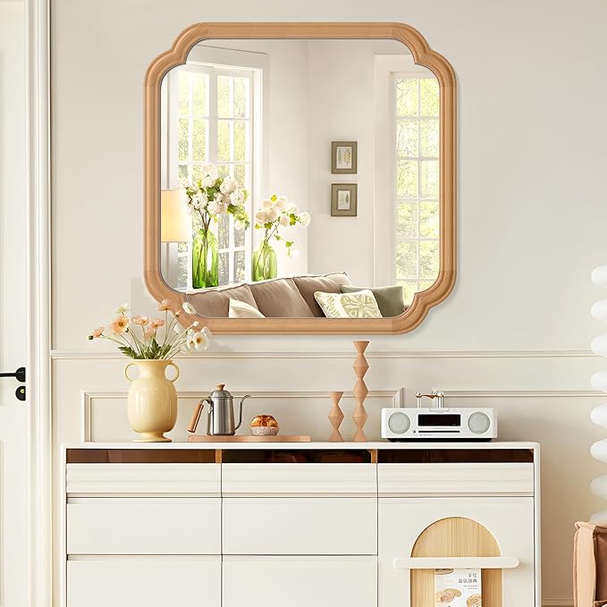 Ferytane Square Natural Wood Mirror 24X24 Inch,Wood Mirror for Bathroom Over Sink Rounded Corner Wooden Framed Mirror for Vanity, Entryway, Living Room Farmhouse, Tempered Glass (Natural Beech Wood)