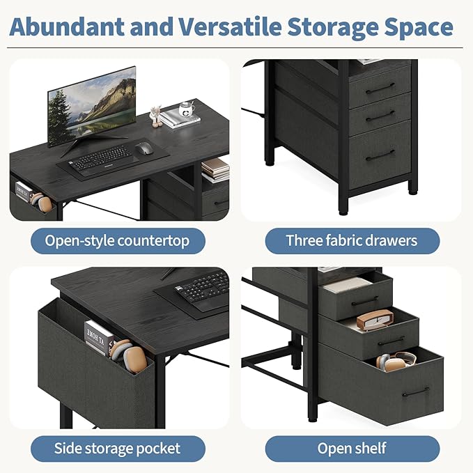 DUMOS 39" Computer Desk with Storage, Small Home Office Desk with 3 Fabric Drawers & Side Pocket, Space Saving Writing Desk for Apartment, Dorm, Gaming Workstation, Black