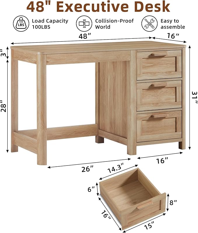 48'' Farmhouse Executive Desk with Storage, Wooden Home Office Desk with Drawer and Vintage Handle, Large Computer Writing Desk for Study, Bedroom, Living Room （Natural）