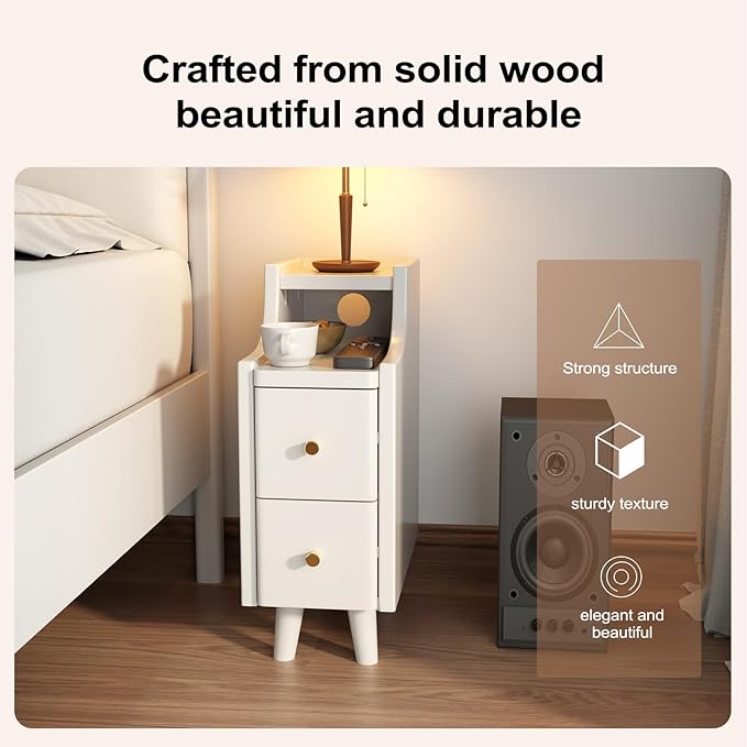 Narrow Nightstand with 2 Drawers,White Nightstand,Bedside Table,Solid Wood Modern Bedside Table for Bedroom,Study,Toilet