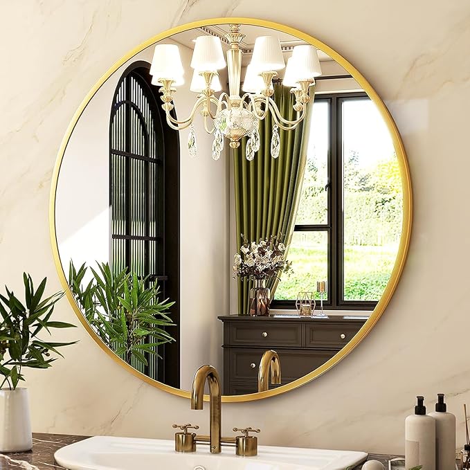 HARRITPURE 28" Round Mirror - Gold Bathroom Mirror Circle Wall Mirror with Brushed Aluminum Alloy Frame Modern Decor for Living Room, Vanity, Bedroom, Entryway